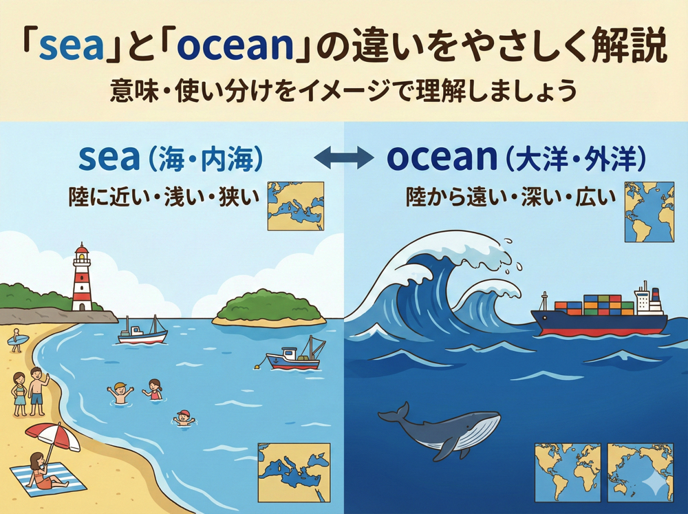 ocean｜ 「sea」と「ocean」の違いをやさしく解説します｜意味・使い分けをイメージで理解しよう