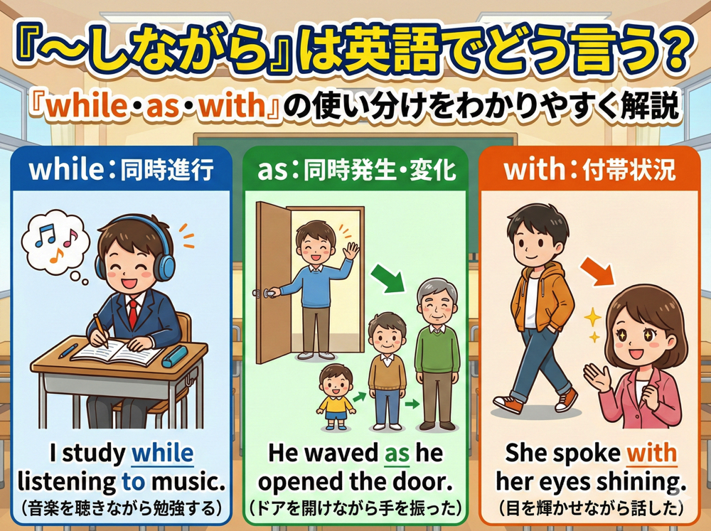 qq2 15 3｜ 「〜しながら」は英語でどう言う？「while・as・with」の使い分けをわかりやすく解説
